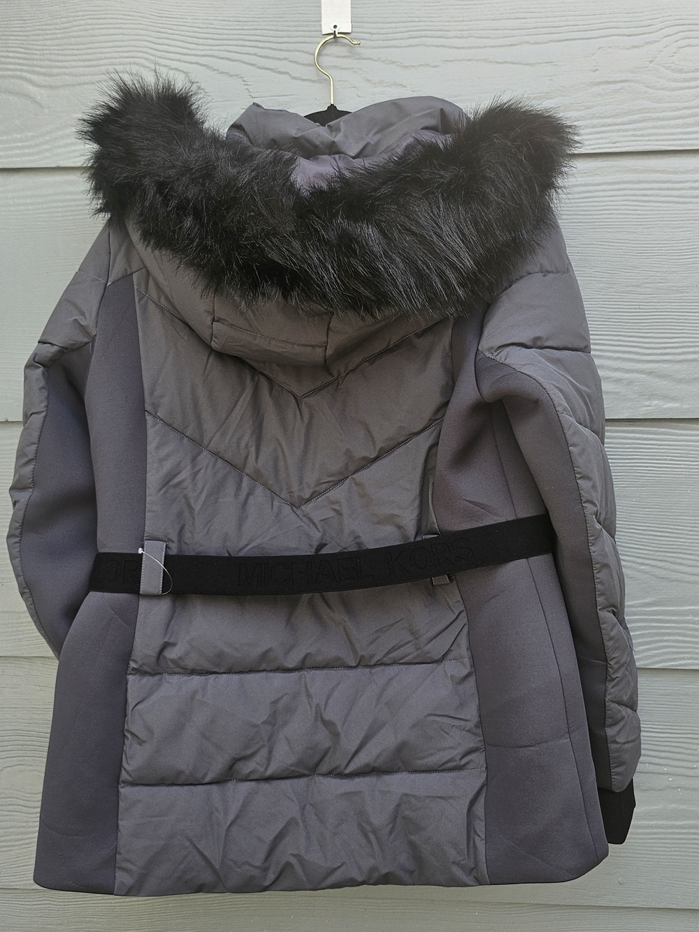 Michael Kors Taupe-Gray Hooded Puffer Coat with Faux Fur Trim